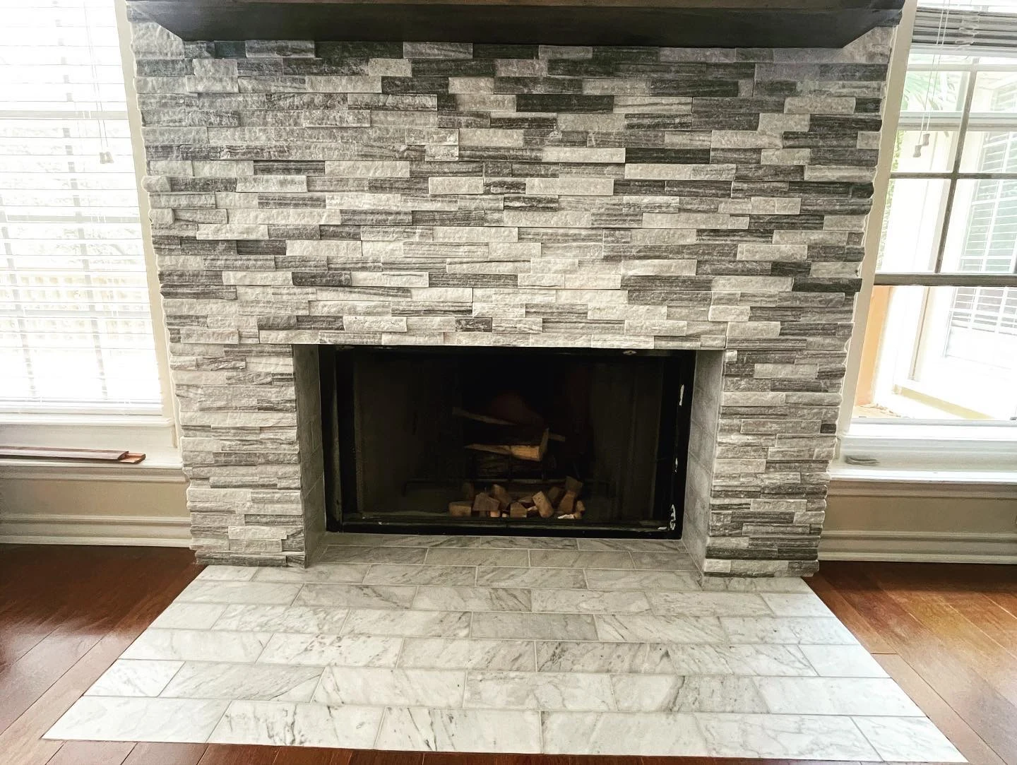 Stacked-stone fireplace surround